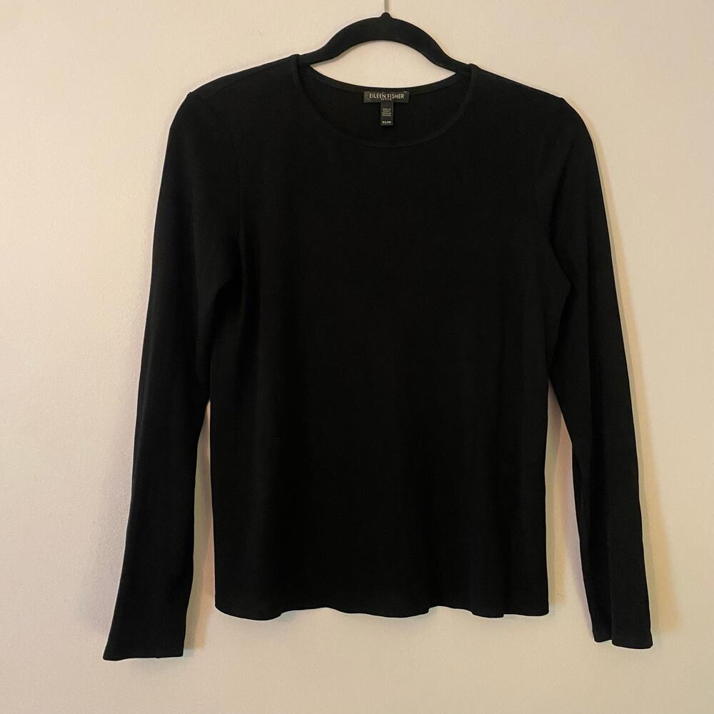 Eileen Fisher Black Silk Long Sleeve Crewneck Shirt Minimalist Basic Small P